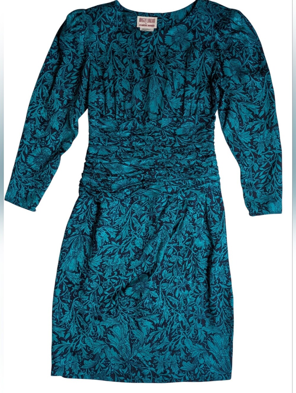 Vintage Maggy London Silk Ruched Teal Floral Long-Sleeve Dress